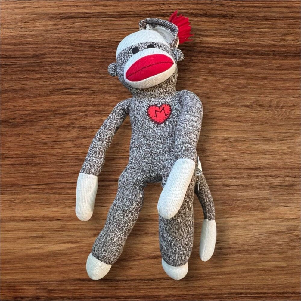 Schylling Sock Monkey Plush Gray Red Heart Hat Stuffed Animal
